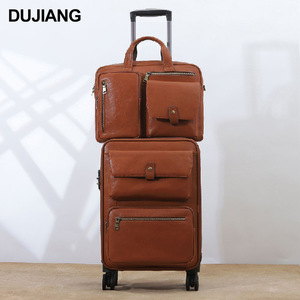 Maleta Dujiang de cuero genuino con 4 ruedas, resistente, para viajes, para hombres de negocios, de color sólido, con cierre de cremallera. - Product Image 1