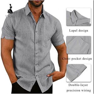 Chemises décontractées <span class=keywords><strong>de</strong></span> luxe pour hommes à manches courtes et col rabattu, en lin ample, avec poche poitrine, coloris noir, blanc, gris, bleu - Product Image 6