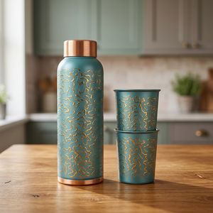 Hammered Copper Double Wall Eco-Friendly Sublimated Customized Portable Water Bottle with Glasses in <b>Gift</b> <b>Box</b> - I H C - Product Image 3