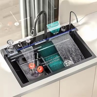 Évier de cuisine populaire grand format à bac unique multifonction, anti-rayures, avec affichage numérique LED, en acier inoxydable 304, à cascade