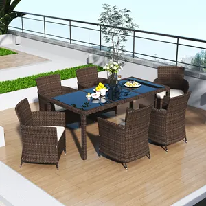 Fulin bán buôn 6 người chỗ ngồi wicker đồ nội thất Patio ngoài trời Vườn đặt ngoài trời mây ăn đặt đồ nội thất hiên hiện đại