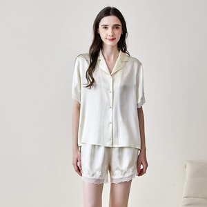 Women's Soft Casual 100% Silk Pajamas Set Short Sleeved Satin Sleepwear Elastic Waist for Home Wear Summer Spring Front Logo
