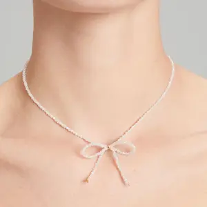 Nieuw Binnen Roestvrij Staal Aanslag Gratis Kralen Ketting Handgemaakte Schattige En Zoete Strik Kristal Kralen Choker Ketting