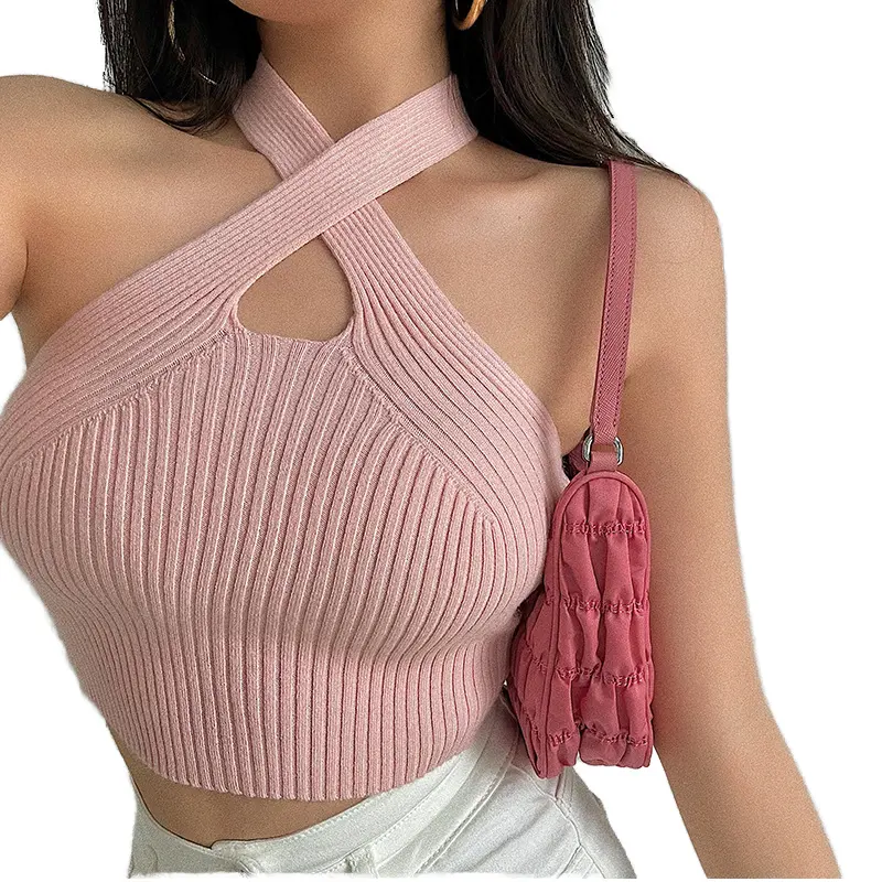 Summer New stylish high quality Spicy Girl Sexy perfect fit Cross Hanging Neck Hollow Short Open Navel Knitted Tank Top