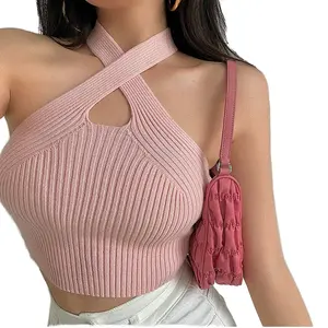 Summer New Stylish High Quality Spicy Girl Sexy Perfect Fit Cross Hanging Neck Hollow Short Open Navel Knitted Tank Top