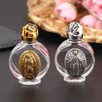 Bouteille en verre argentée de 15 ml pour eau bénite ou huile de parfum, avec bouchon à vis rond rose, motif religieux Saints Jésus et Vierge Marie