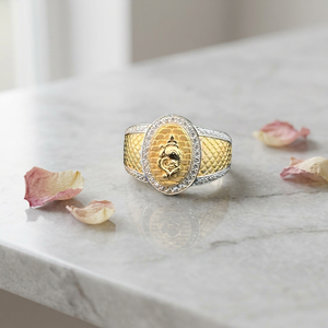 Luxury <b>Gold</b> Men's Wedding <b>Cocktail</b> <b>Ring</b> with Oval Design Border Detailed Textured Band Featuring a Bold Traditional Centerpiece - Product Image 2