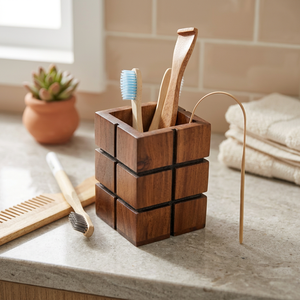 Modern Wooden Toothbrush Holder Square Grid Design Handmade Bathroom Organizer Tabletop Decor | Wooden Crafts - Product Image 1
