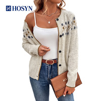 Damen Gemütliche Cremefarbene Fair Isle Geometrische Strickjacke, Kontrastbesatz Knopfleiste Rundhals-Strickpullover mit Geripptem Saum, OEM/ODM