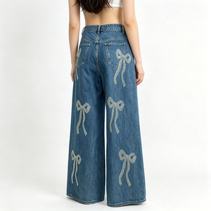 Pantalones Vaqueros de Mezclilla para Mujer Huanqiu, Diseño Retro con Lazo de Cristal Brillante, Vaqueros Elegantes de Alta Calidad para Mujer, Fabricante - Product Image 2