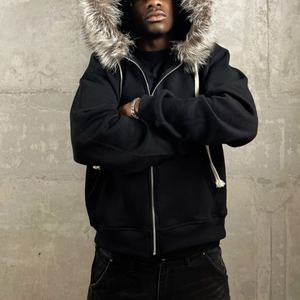 Fabricants de vêtements, sweat-shirt à capuche zippé personnalisé en molleton français 400 g/m² 500 g/m², effet usé, avec capuche en fourrure amovible pour hommes - Product Image 4