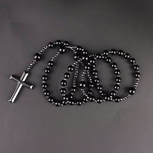 ลูกประคำหินแบล็คออนิกซ์ แอฟริกันเทอร์ควอยซ์ เฮมาไทต์ ไทเกอร์อาย พร้อมจี้กางเขนคริสเตียนสำหรับสวดมนต์ - Product Image 4