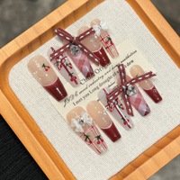 Diseño #2493 Proveedor de uñas al por mayor 10 piezas Diseños de lujo Lazo Rojo Cubierta completa Falso hecho a mano Año Nuevo Prensa en las uñas