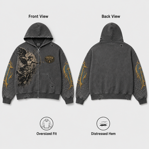 Felpa con Zip Oversize da Uomo in Cotone Pesante, Stile Vintage Retrò, Nera Sbiadita con Strass, Effetto Distressed, Streetwear - Product Image 3