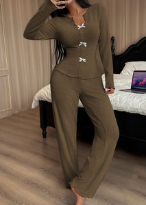 女式罗纹冬秋松紧腰睡衣套装长袖休闲服两件套睡衣居家服睡衣舒适运动服 - Product Image 2