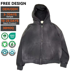 Sweat à capuche zippé streetwear surdimensionné personnalisé en molleton épais, effet vintage délavé à l'acide, usé, broderie 3D, écologique - Product Image 1