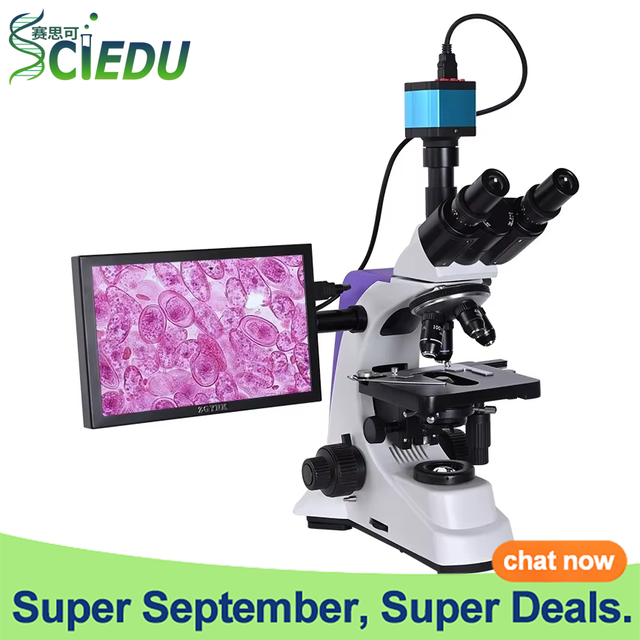 SCIEDU Lab Biological HD Trinocular Zoom 2500X 16MP Electronic Digital Camera USB VAG 10-inch LCD Led Compound Microscope