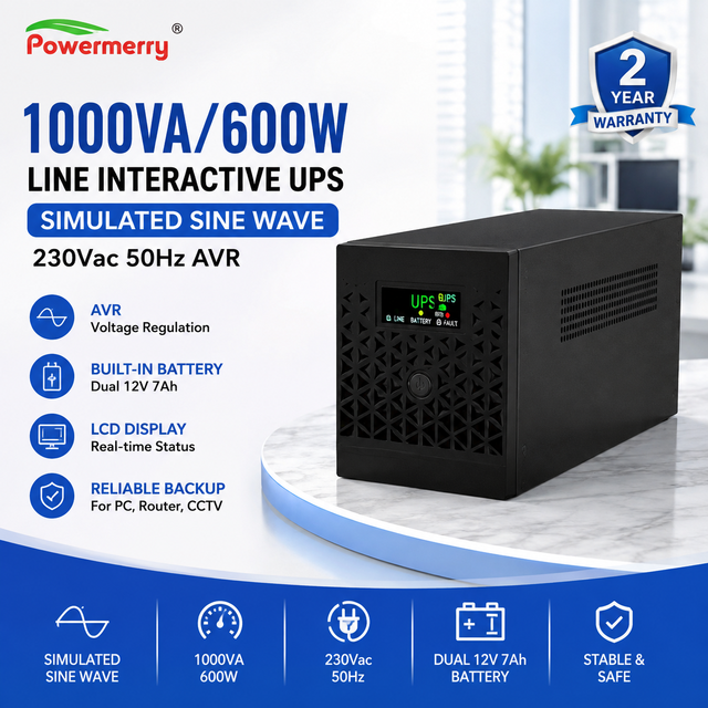 1000VA 600W Line Interactive UPS 230Vac 50Hz AVR Built in Dual 12V 7Ah Battery Simulated Sine Wave for PC Router CCTV Office