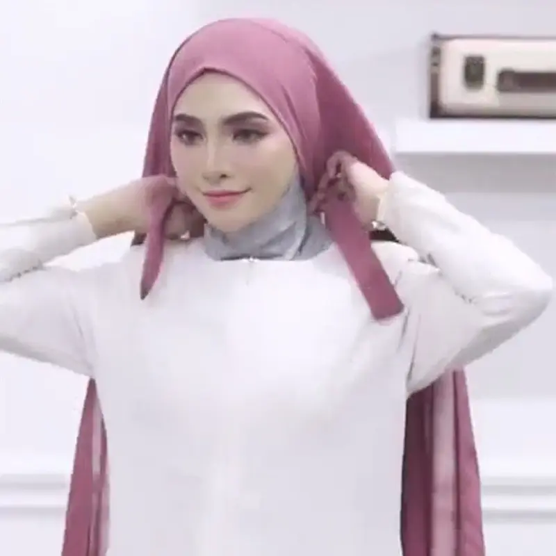 Klaar Om Te Dragen Hijab Sjaal Moslim Effen Kleur Bubble Chiffon Hijab Mode Stropdas Hoofddoek Instant Hijab