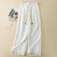 Pantalons décontractés pour femmes à taille haute élastique, avec cordon de serrage perlé et détails boutonnés, coupe large, personnalisables en usine