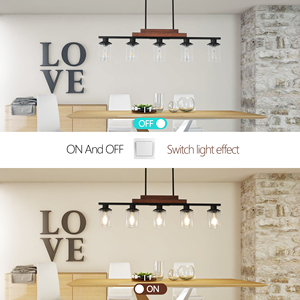 Luminaire suspendu pour îlot de cuisine de style ferme industriel à 5 lumières, 37 pouces, en <span class=keywords><strong>métal</strong></span> et <span class=keywords><strong>bois</strong></span>, avec abat-jour en verre transparent (sans ampoules) - Product Image 5