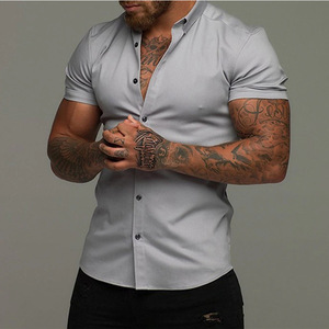 Camisas Casuales de Manga Corta para Hombre, Estilo Europeo y Americano, Color Sólido, Diseño Muscular, Poliéster/Algodón, Novedad de Verano - Product Image 3