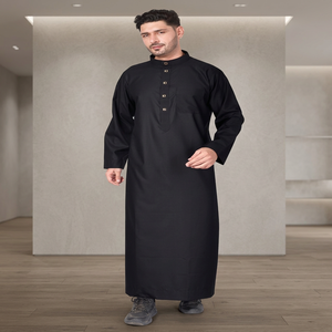 Qamis noir en polyester pour homme, col montant, manches longues, longueur ras du sol, tenue de prière modeste, pour l'Aïd et le quotidien, Moyen-Orient, adultes, toutes saisons - Product Image 3