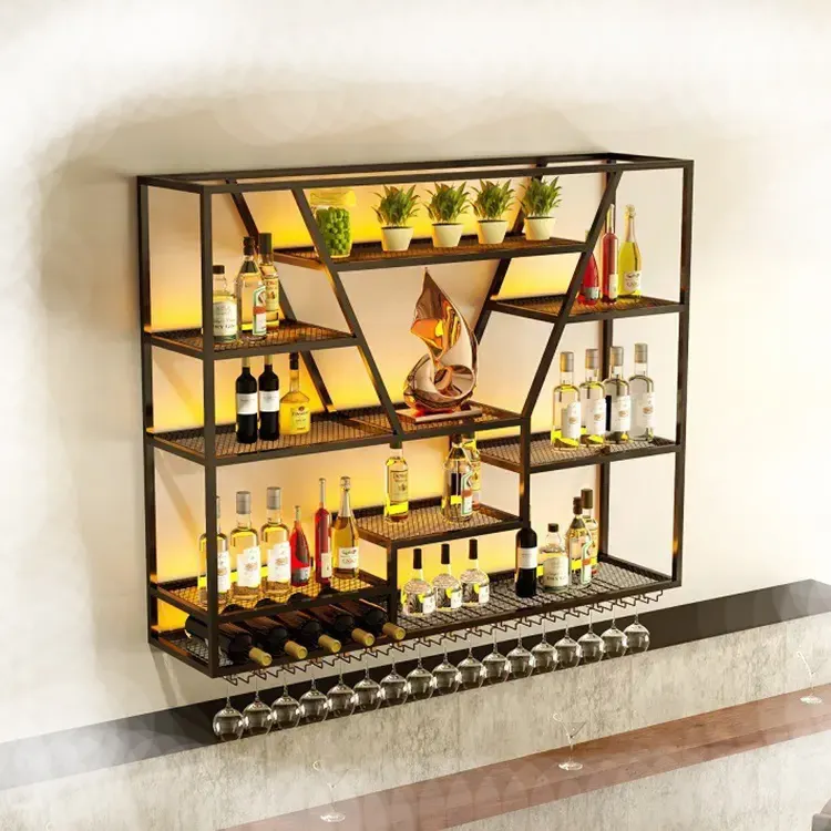 Ticari Bistro Bar kulübü mobilya çok katmanlı demir raflar duvara monte şarap rafı Bar sayacı asılı cam tutucu şarap standı