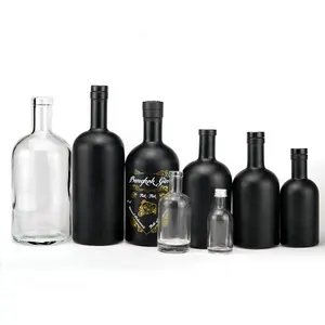 Botella de vino de cristal con tapa de corcho, color negro mate, 200ml, 375ml, 500ml, 750ml, redonda, pedernal, Whisky, Vodka, Tequila