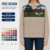 Pull en tricot intarsia personnalisé pour femme, col rond, couleur avoine, motif paysage de ferme, fabrication OEM ODM