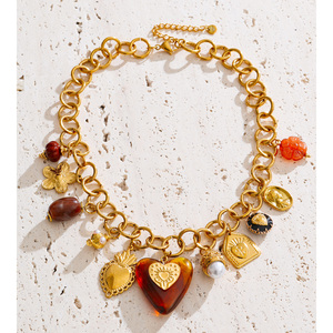 JINYOU Collar con Colgante de Corazón de Acrílico, Accesorio de Perla Simulada, Chapado en Oro, Acero Inoxidable, Forma de Flor, Vintage, 1989 - Product Image 2