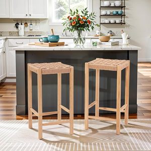 Modern Industrial <b>Bar</b> <b>Stools</b> Kraft Paper Cord Seats Rubberwood Legs <b>Adjustable</b> Feet for Home Hotel Dining Bedroom Set of 2 - Product Image 1