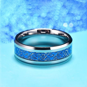 Mens Jewelry Wholesale 8mm Wedding Band Tungsten Carbide Silver Meteorite <strong>Sticker</strong> Inlay Blue <strong>Celtic</strong> Dragon Inlay Beveled Edge - Product Image 3