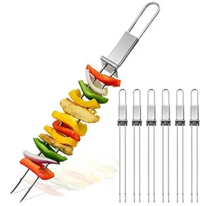 Double Pronged Kebab Skewer Stainless Steel BBQ Skewer Stick With Push Bar