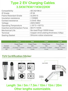 Cables de Carga <span class=keywords><strong>Tipo</strong></span> <span class=keywords><strong>2</strong></span> para Vehículos Eléctricos de 32A, con Logotipo Personalizado, 3.5kw/7kw/11kw/22kw, Certificación TUV y UKCA, para Cargadores de Autos Eléctricos - Product Image 3