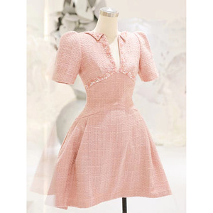 Élégante robe trapèze rose fleur de cerisier paillettes manches courtes décontractée pour les célébrités en mousseline de soie solide - Product Image 4