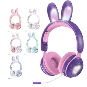 Fones de ouvido bluetooth sem fio com luz de led, fones de ouvido, coelho, orelha, hifi estéreo com microfone, fone de ouvido para meninas, crianças, presente