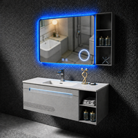 Armoire de salle de bain à miroir LED en verre trempé avec éclairage d'ambiance, design géométrique, rangement ouvert, durable et résistant à l'humidité