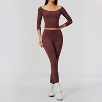Ensemble de yoga 2 pièces pour femme, haut court à épaules dénudées et manches 3/4, leggings taille haute, logo personnalisé, tenue de sport, survêtement OEM