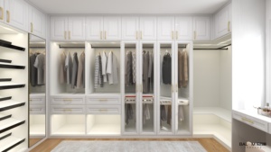 <span class=keywords><strong>Armario</strong></span> de Ropa Sencillo con Acabado de <span class=keywords><strong>Vinilo</strong></span> PVC, Panel de Listones, Estante de Vidrio, para Dormitorio, Vestidor, Armarios Blancos con Isla - Product Image 5