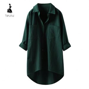 Dames casual effen overhemd van linnen met zakken en lange mouwen - Product Image 3