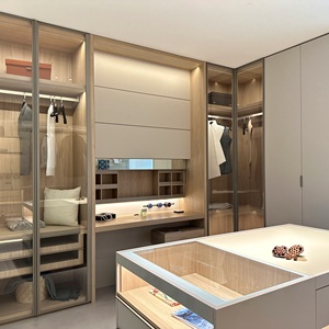 Walk-in Closet: Glass Door <strong>Wardrobe</strong> &amp; PET-Finish <strong>Wardrobe</strong> with Vanity Table &amp; <strong>Pop</strong>-<strong>Up</strong> Mirror, Custom Size for Master Suite - Product Image 1