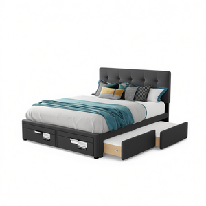 Cama con plataforma tapizada en gris oscuro tamaño Queen con 2 cajones y cama nido tamaño Twin XL, diseño moderno en tela de lino - Product Image 1