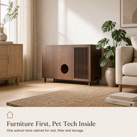 Meuble intelligent pour animaux de compagnie couleur noyer, maison en bois pour chat avec lit, bac à litière et rangement, contrôle via application OTA