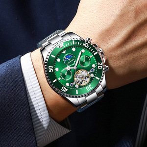 Reloj Mecánico Automático para Hombre, de Aleación y Acrílico, Resistente al Agua, Luminoso, con Calendario, Diseño Green Water Ghost, Tourbillon, Esqueleto - Product Image 1