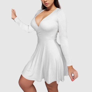 E0104TA53 Precio al por mayor de las mujeres profundo V cuello de la mujer de Color sólido de manga larga vestido acanal. - Product Image 2