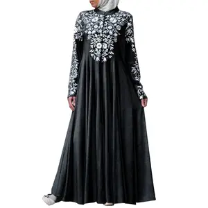 Müslüman uzun elbise kadınlar uzun kollu şifon pileli Ruffled Vintage zarif bir Flowy uzun elbise geleneksel müslüman giyim