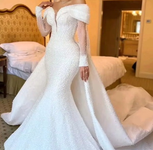 S0805Y 2026 Nuevo Vestido <span class=keywords><strong>de</strong></span> Novia <span class=keywords><strong>de</strong></span> Lujo con Pedrería, Hombros Descubiertos, Manga Larga, Satén, Cola <span class=keywords><strong>de</strong></span> Sirena Larga Desmontable y <span class=keywords><strong>de</strong></span> Doble Uso - Product Image 1