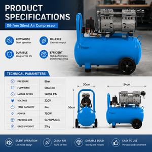 Compresseur d'air portable sans huile 24L 750W 8Bar 50L/Min, pompe à air électrique silencieuse pour peinture au pistolet et gonflage de pneus - Product Image 3