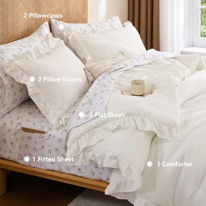 <strong>Ruffle</strong> Comforter Set Floral 7-Piece Cream <strong>White</strong> Shabby Chic Farmhouse Bed Bag All Season Soft Lightweight <strong>Bedding</strong> - Product Image 2